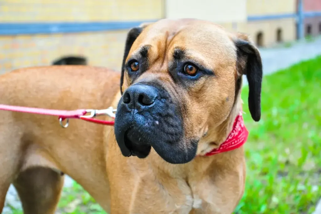 A detailed close-up of a Bullmastiff dog with a red bandana, showcasing its expressive eyes and strong build outdoors. 12 Protective (Yet Seriously Sweet) Guard Dog Breeds