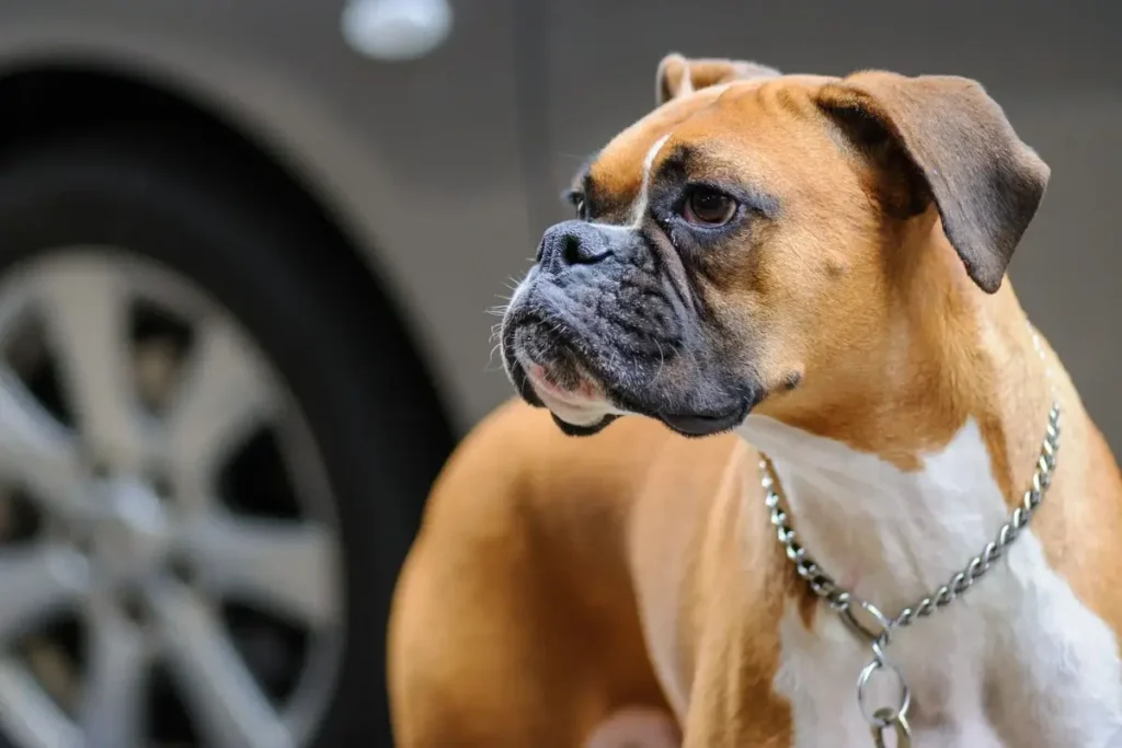 A focused close-up of a boxer dog against a blurred city background, highlighting its alert expression. 12 Protective (Yet Seriously Sweet) Guard Dog Breeds