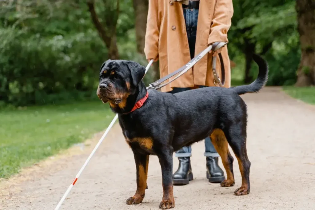 A visually impaired person walking with a guide Rottweiler on a park pathway. 12 Protective (Yet Seriously Sweet) Guard Dog Breeds