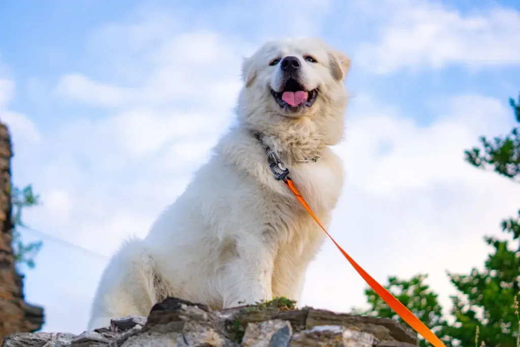 Adorable Great Pyrenees dog on a leash enjoying a bright day outdoors. 12 Protective (Yet Seriously Sweet) Guard Dog Breeds