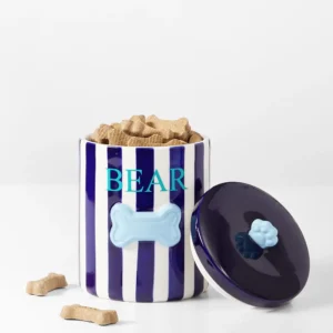 Striped Ceramic Dog Treat Jar. best gifts for dog moms