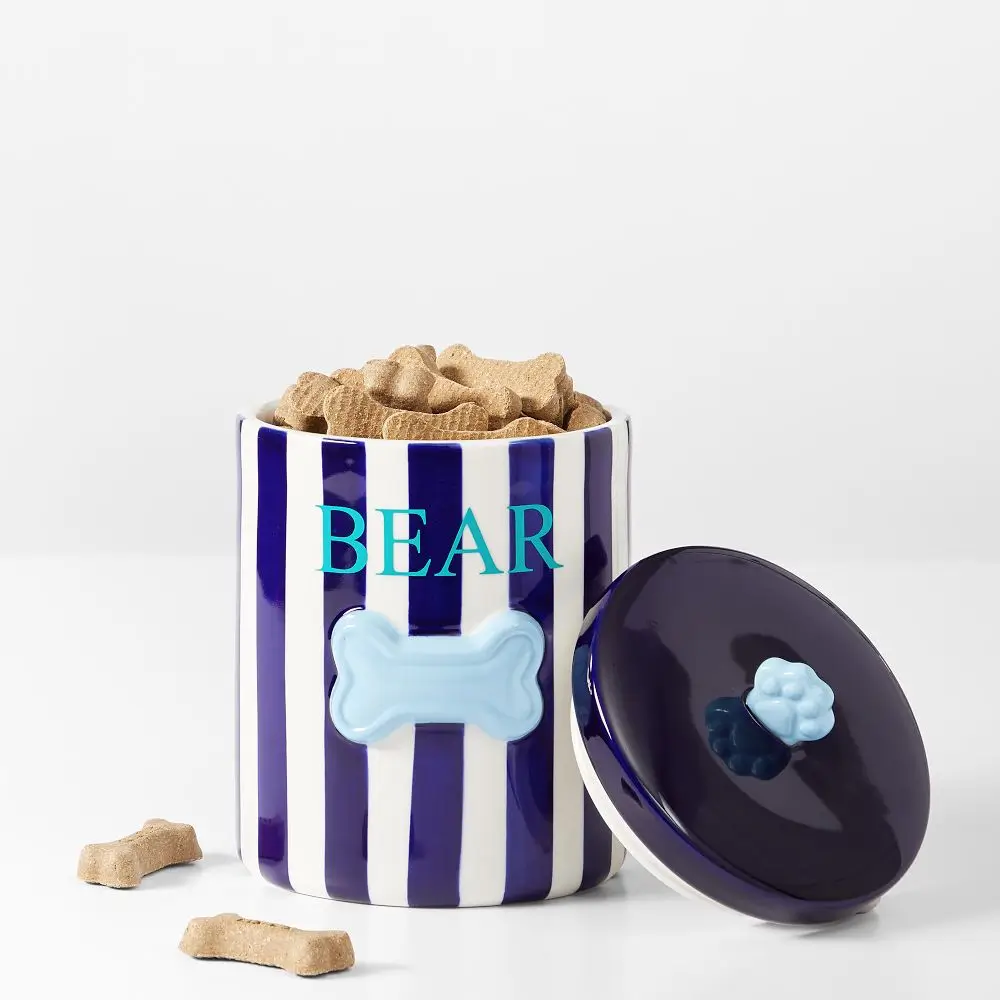 Striped Ceramic Dog Treat Jar. best gifts for dog moms