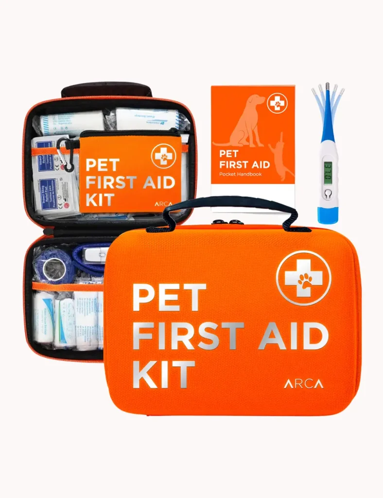 ARCA PET first aid kit open showing organized compartments with bandages and antiseptic supplies
