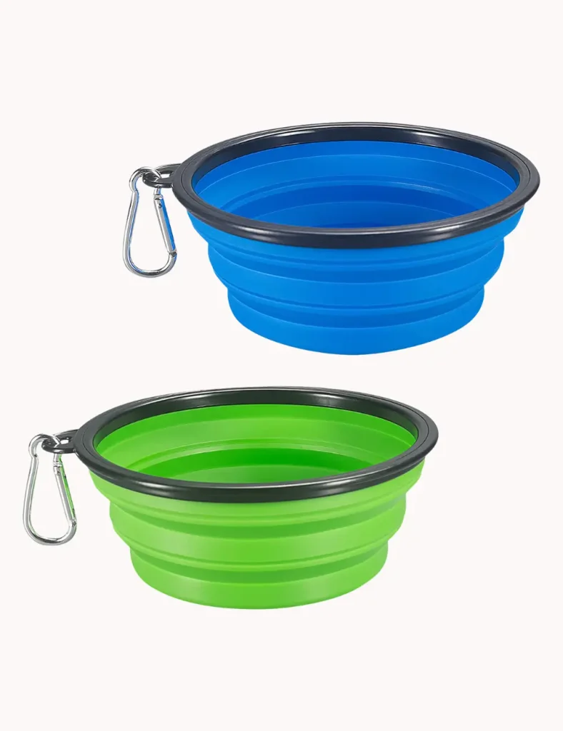 COMSUN collapsible silicone dog bowls in blue and green shown flat and expanded with carabiner clips