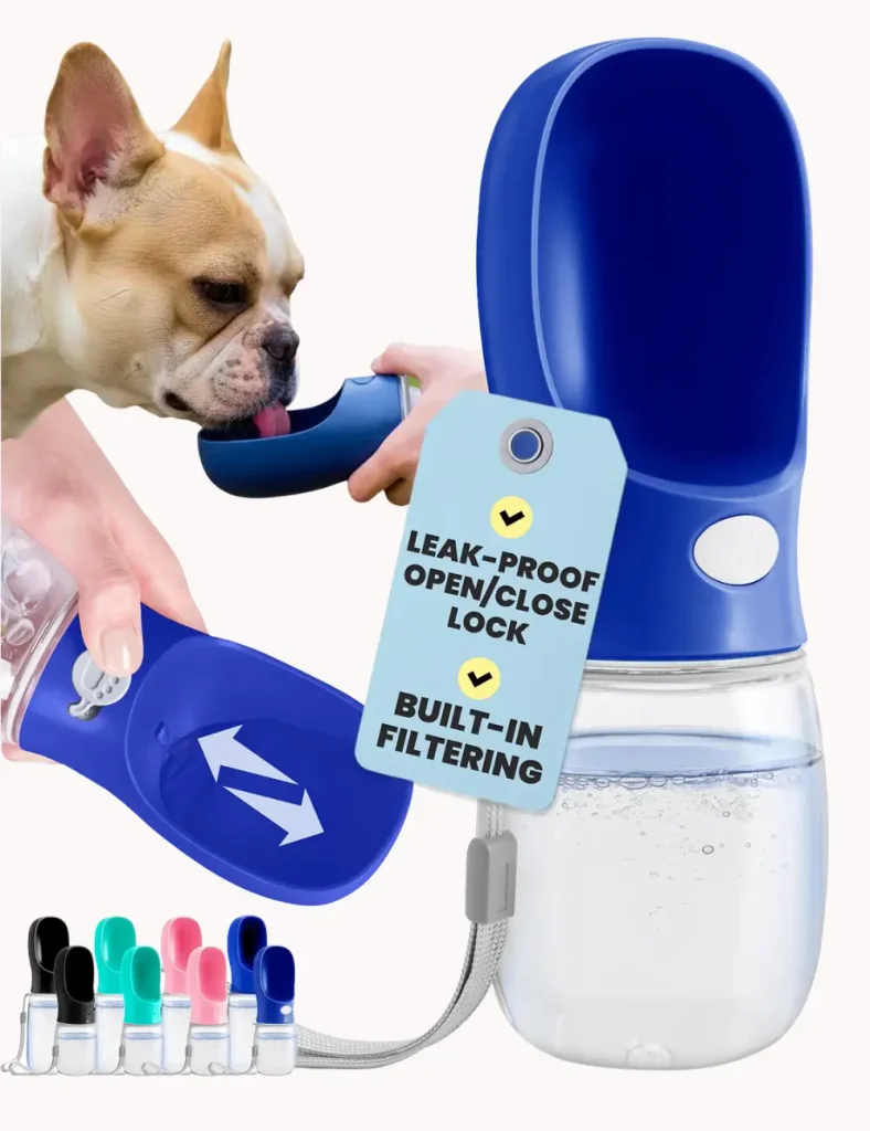 MalsiPree stainless steel dog water bottle in blue showing built-in drinking trough