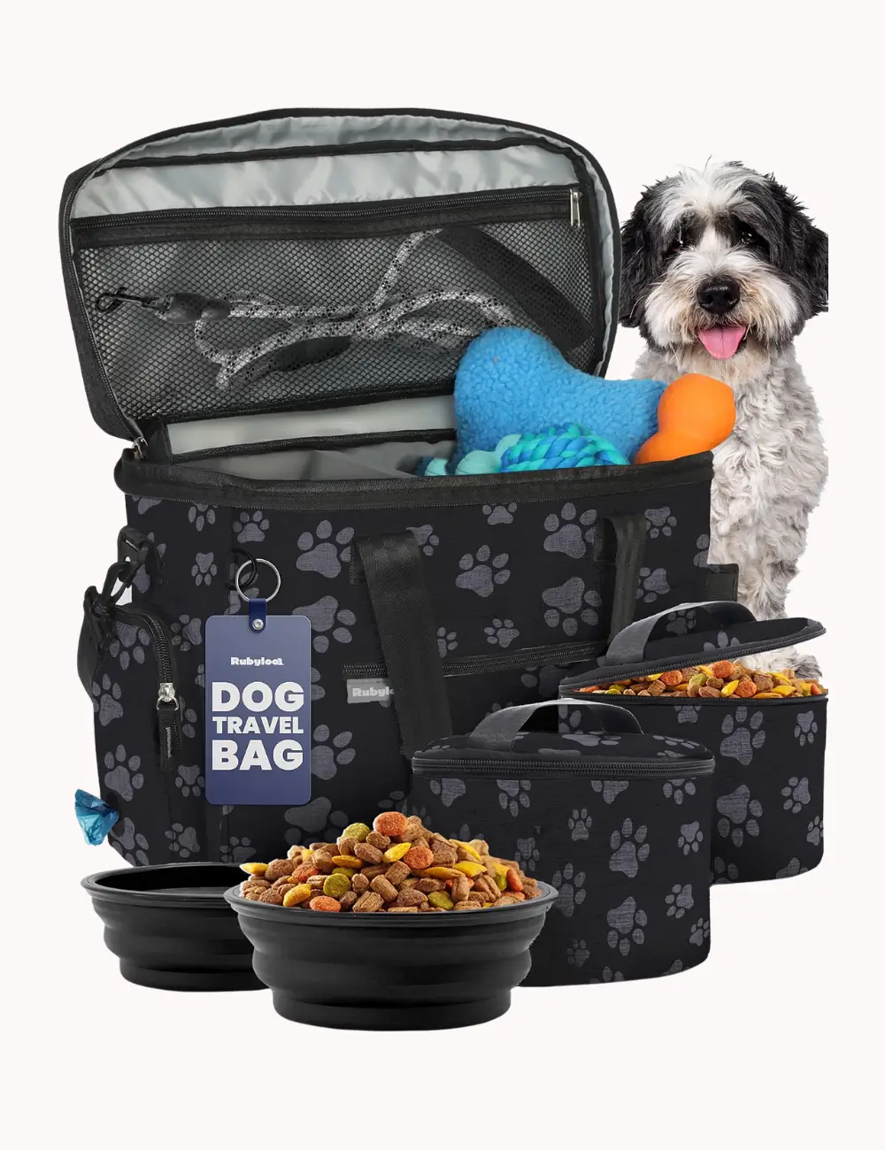 Original Doggy Bag pet travel organizer open showing collapsible bowls and food containers